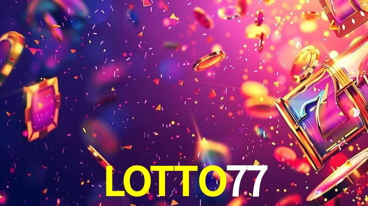 Escena dinámica inspirada en casino con iluminación LOTTO77, cartas, fichas e íconos de juegos digitales en un espacio moderno de juegos.