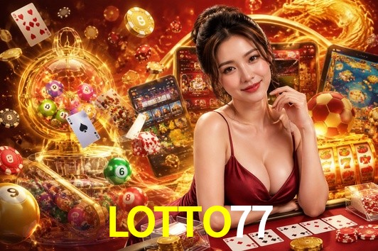 Una escena digital vívida inspirada en casino con LOTTO77 mostrado prominentemente, luces brillantes, fichas, cartas y acentos dorados.
