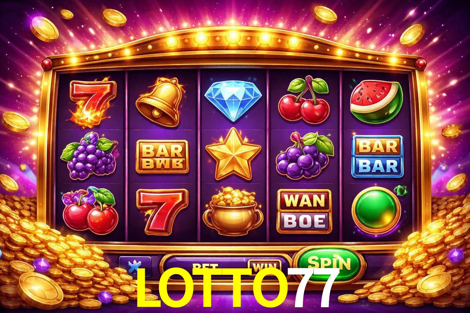 Una interfaz colorida de tragamonedas en línea con símbolos brillantes, monedas y un efecto de victoria celebratoria en LOTTO77.
